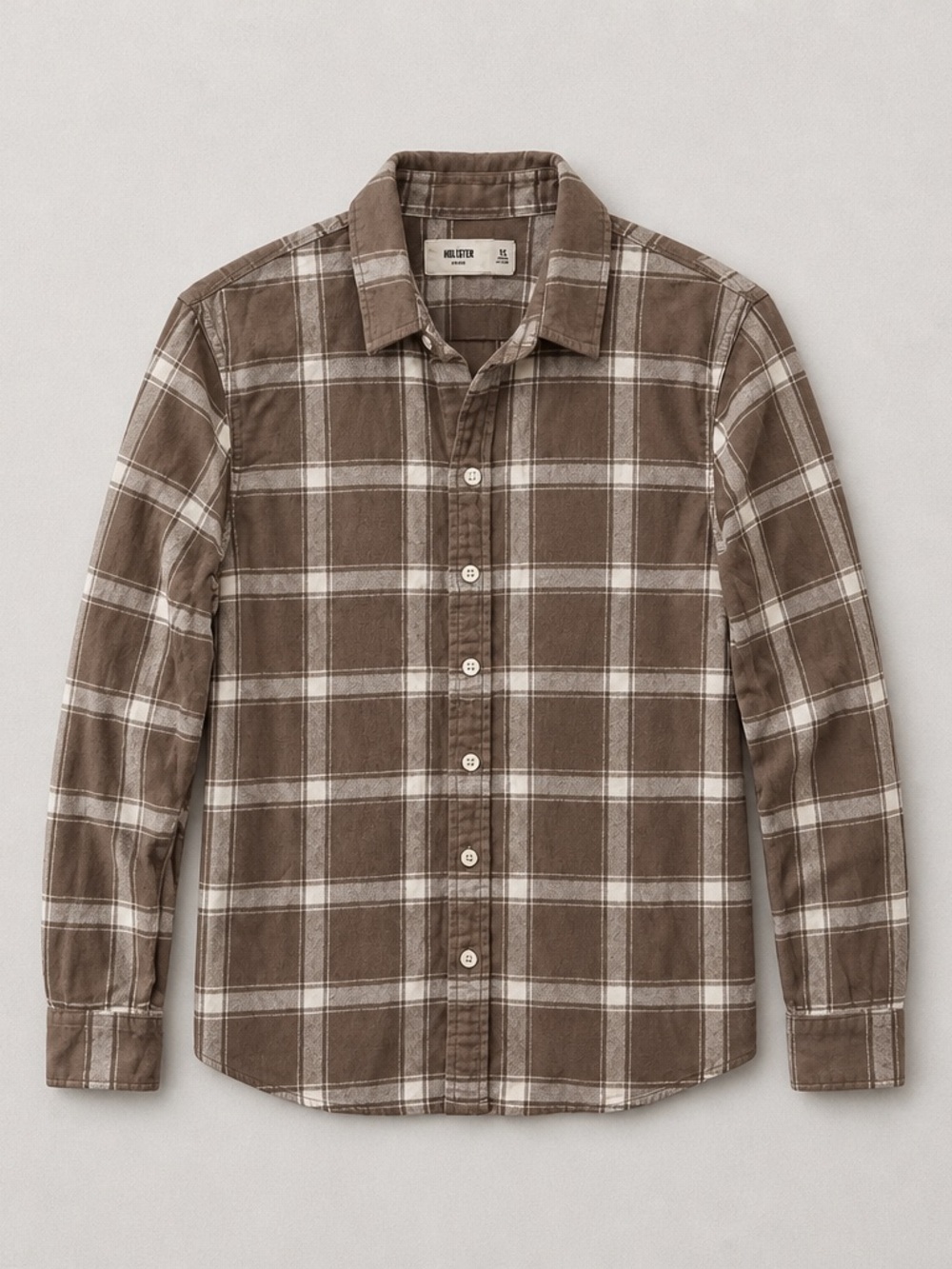 Hollister Brown and Cream Plaid Long-Sleeve Button-Down Shirt